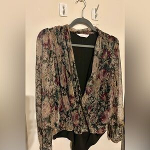 LC Lauren Conrad Floral Bodysuit - Black and Burgundy